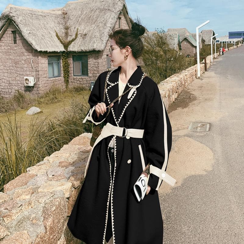 New Beige Double-sided Woolen Coat Women's Mid-length Autumn and Winter Contrast Color Hemmed Loose Woolen Coat XL