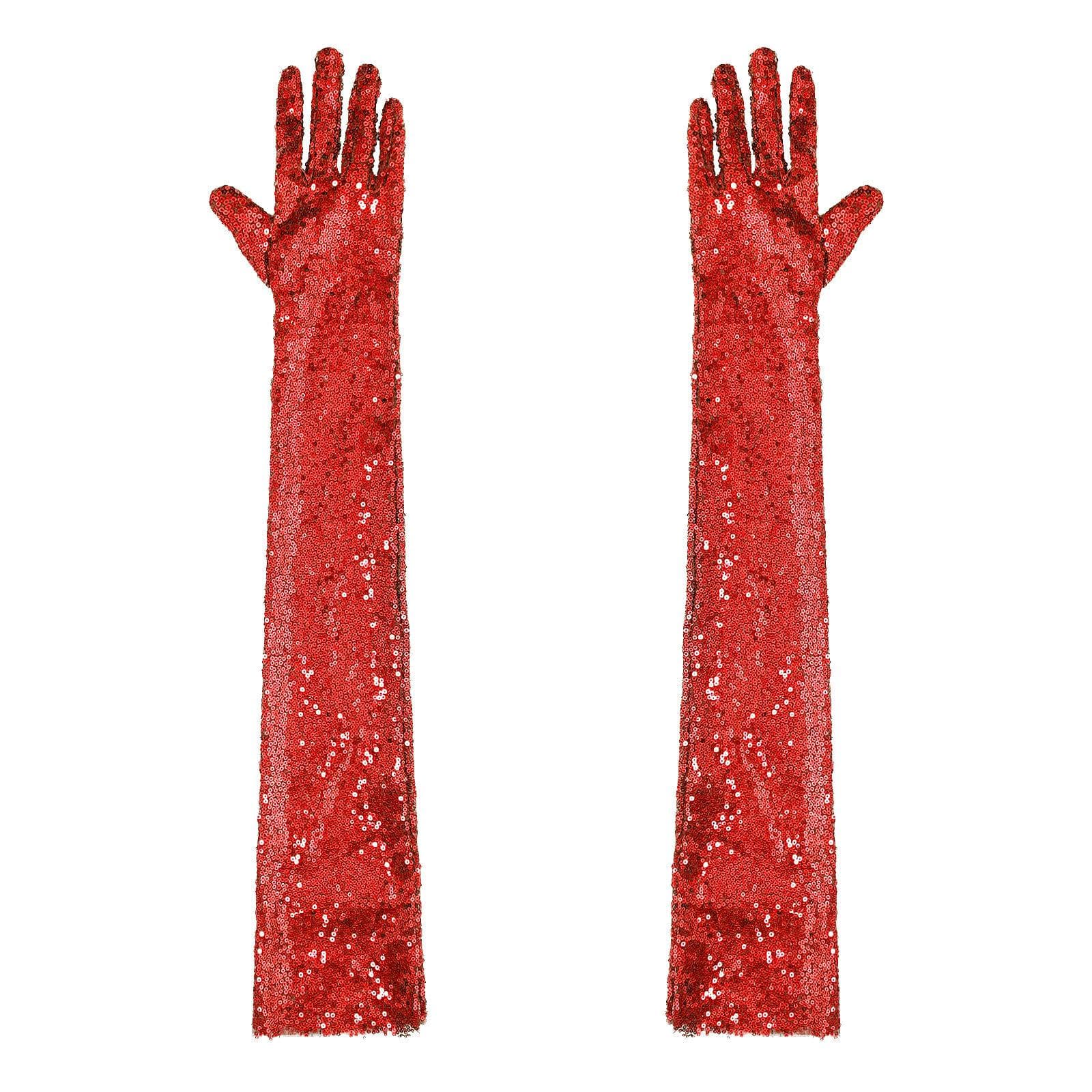 Womens Shiny Sequin Mesh Long Gloves Elbow Length Vintage Long Gloves for Opera Evening One Size red