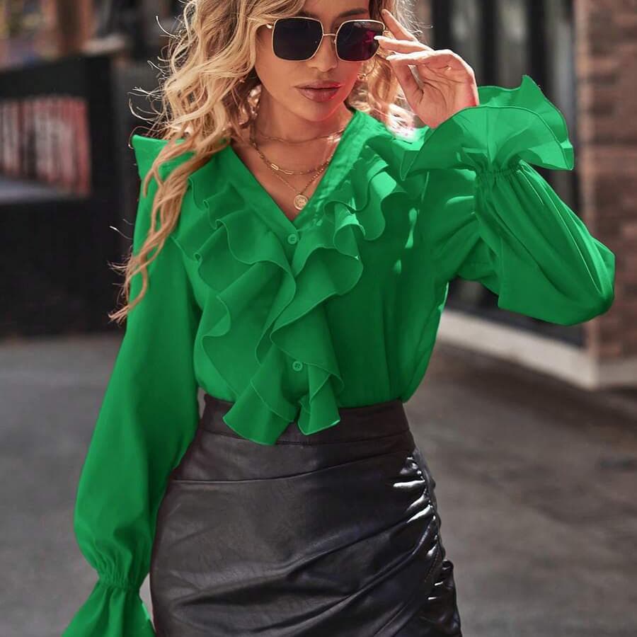 Ruffles Casual Shirts Blouse Solid Color Button Design Long Sleeve Top Women Summer Spring Loose Fashion Casual Tops Shirt XL green