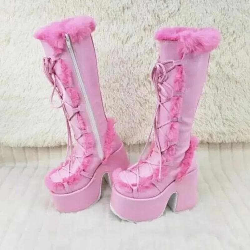 Winter Women Snow Boots Platform Wedge High Heel Faux Fur Lady Shoes Female Plush Warm Non-slip Mid Calf Boots Goth Shoes 36 pink