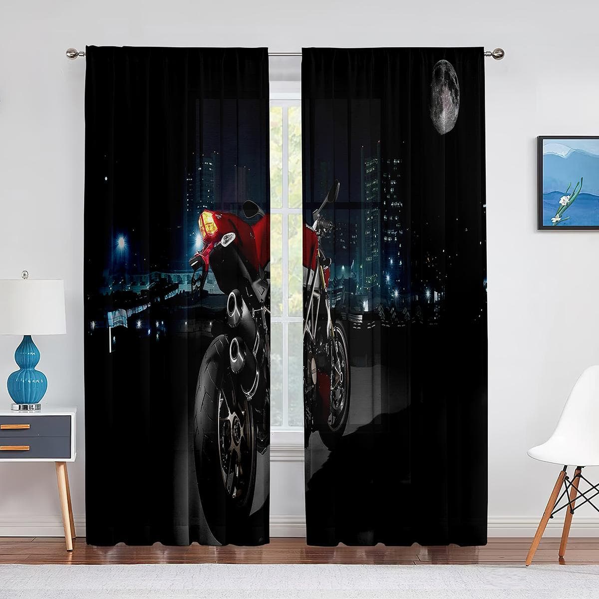 Green Motorcycle Sheer Voile Curtain Motocross Sports Window Tulle Curtains for Teens Men Bedroom Living Room Kitchen Decoration 1 PCS W100XH250cm&Grommet Top