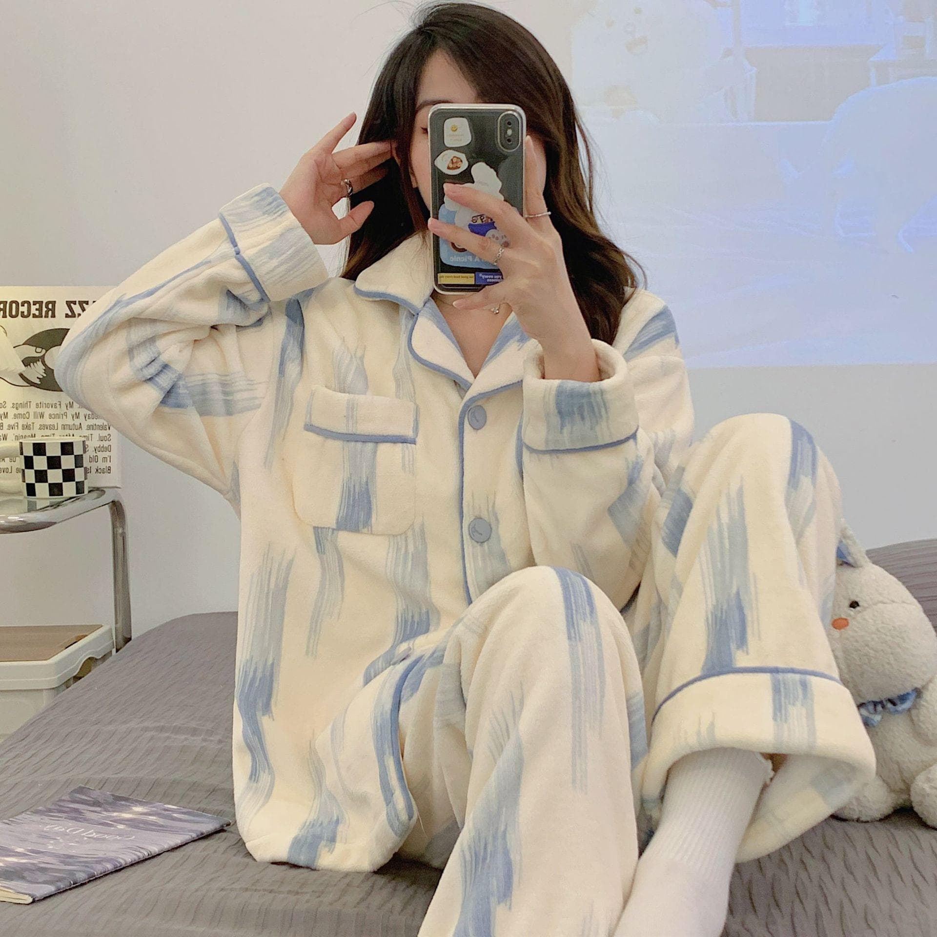Women Sweet Cute Pajamas Autumn Winter Flannel Nightwear Warm Thick Loose Casual Home Wear Tie Dyed Printed Sleepwear Loungewear 2XL blue