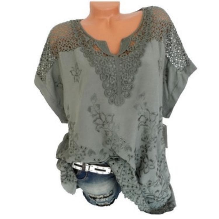 GMXIA Women's Fashion Casual Summer Embroider Solid Color Short Sleeve V-Neck Blouses & Shirts 6XL gray