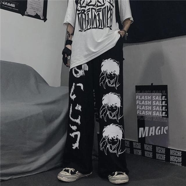 Japanese Harajuku Anime Print Wide Leg Pants Women Hippie Streetwear Black Sweatpants Korean Style Oversized Trousers XL black