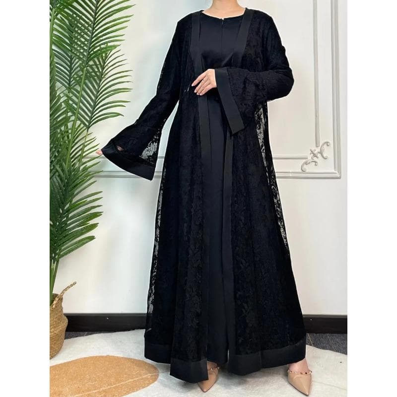 Ramadan Eid Prayer Lace Abaya 2 Piece Set Inner Dress Women Flare Sleeve Long Abayas Kaftan Djellaba Dubai Party Vestidos 2024 L black