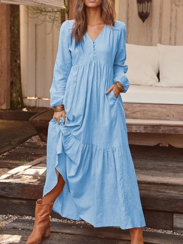 Women's Cotton and Linen Retro Casual Long Sleeved Dress 5XL light blue