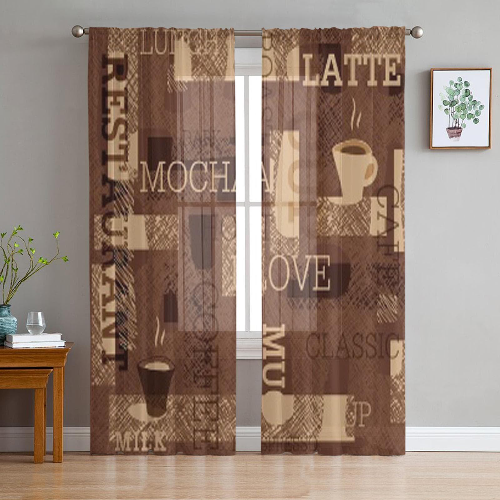 Coffee Background Tulle Sheer Curtains for Living Room Decoration Curtain for the Room Bedroom Kitchen Voile Organza Curtains 135W x 114H(cm)