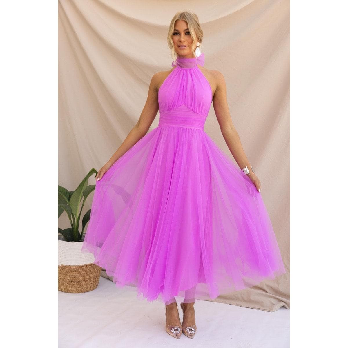 Women Evening Dress Sleeveless Layered Collar Open Back Halter Neck Lace Up High Off Shoulder Mesh Hem XL purple