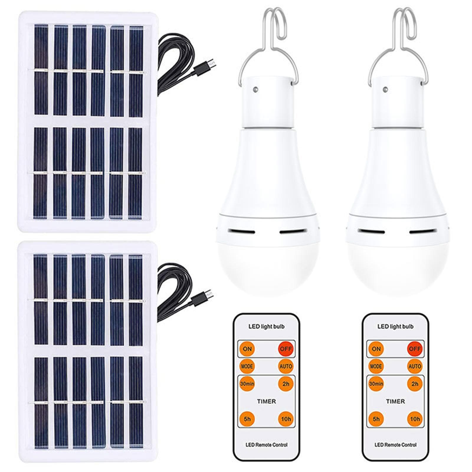 Solar Powered LED Bulb Indoor Outdoor Emergency Light Bulb Portable Night Markets Camping Light 2 Packs white