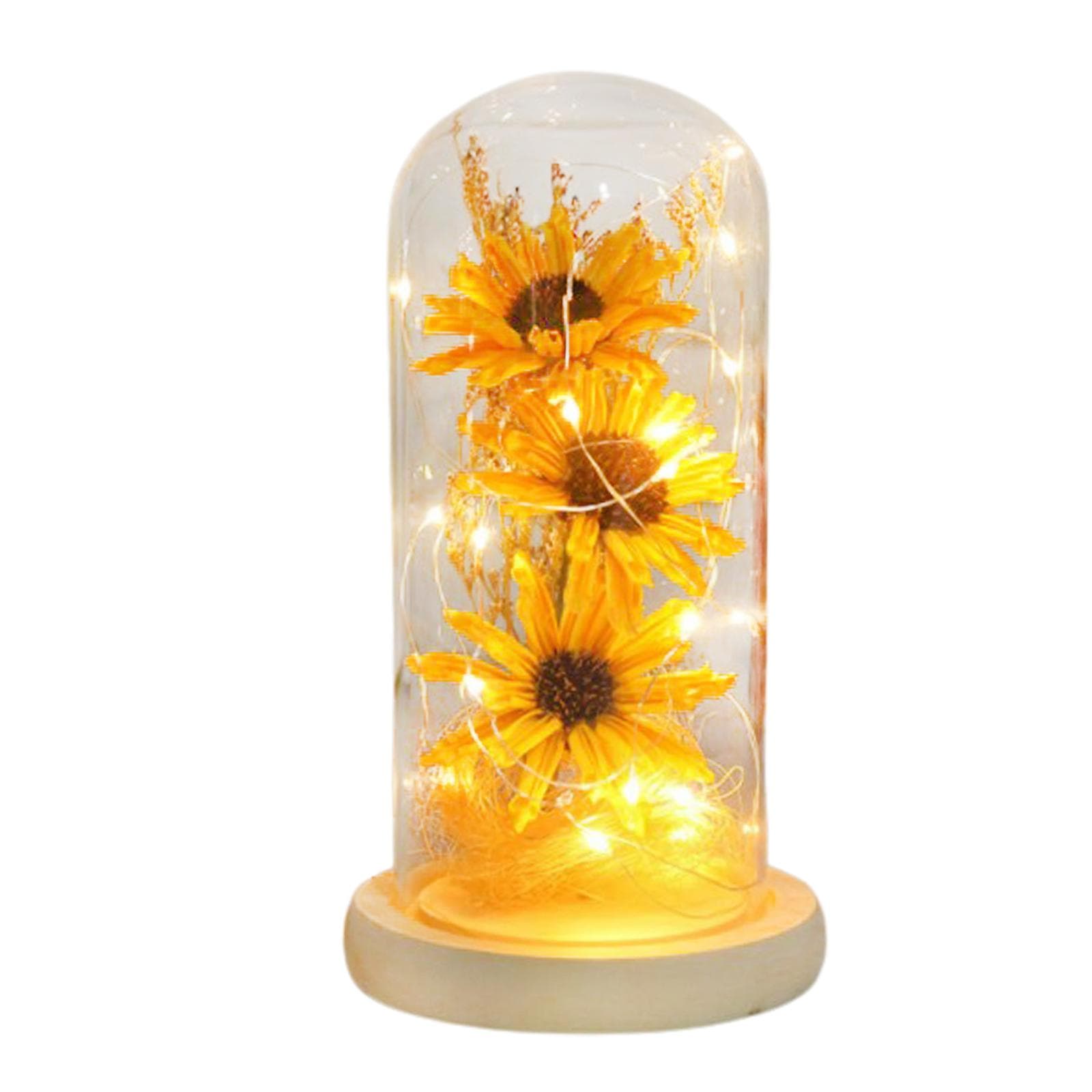 Preserved Flower Glass Dome Artificial Simulation Sunflower with LED Light for Valentine s Day