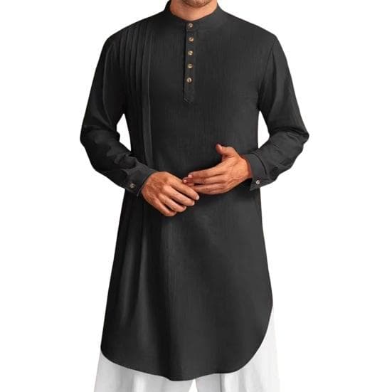 Men's Cotton Linen Kaftan Long Sleeve O-Neck Robe Solid Color Button-up Collar Thobe Breathable Arabic Clothing for Prayers Casual Wear M black
