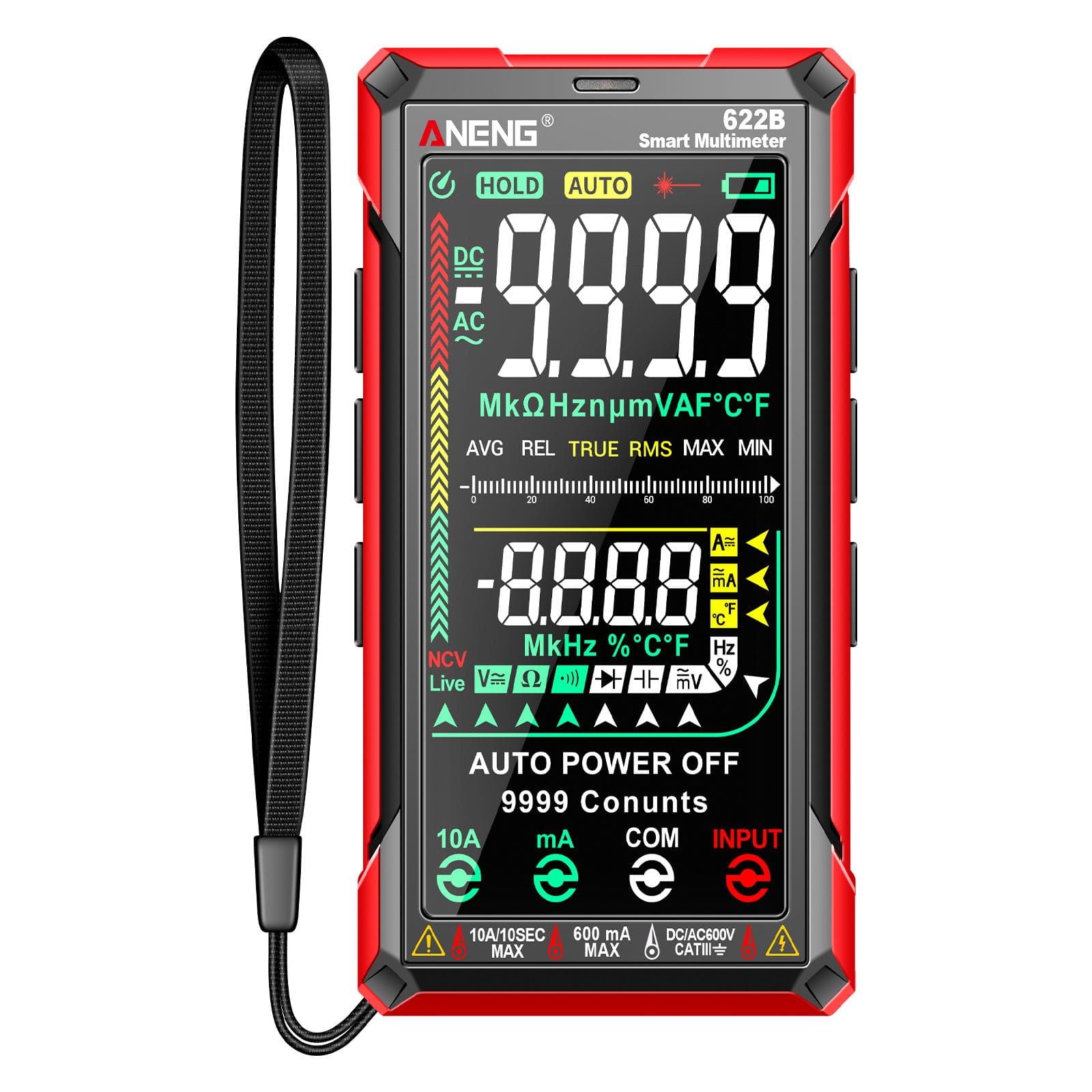 ANENG Digital Multimeter Tester Smart Touch AutoRanging 9999 Counts Rechargeable Antiburning Ohm red black