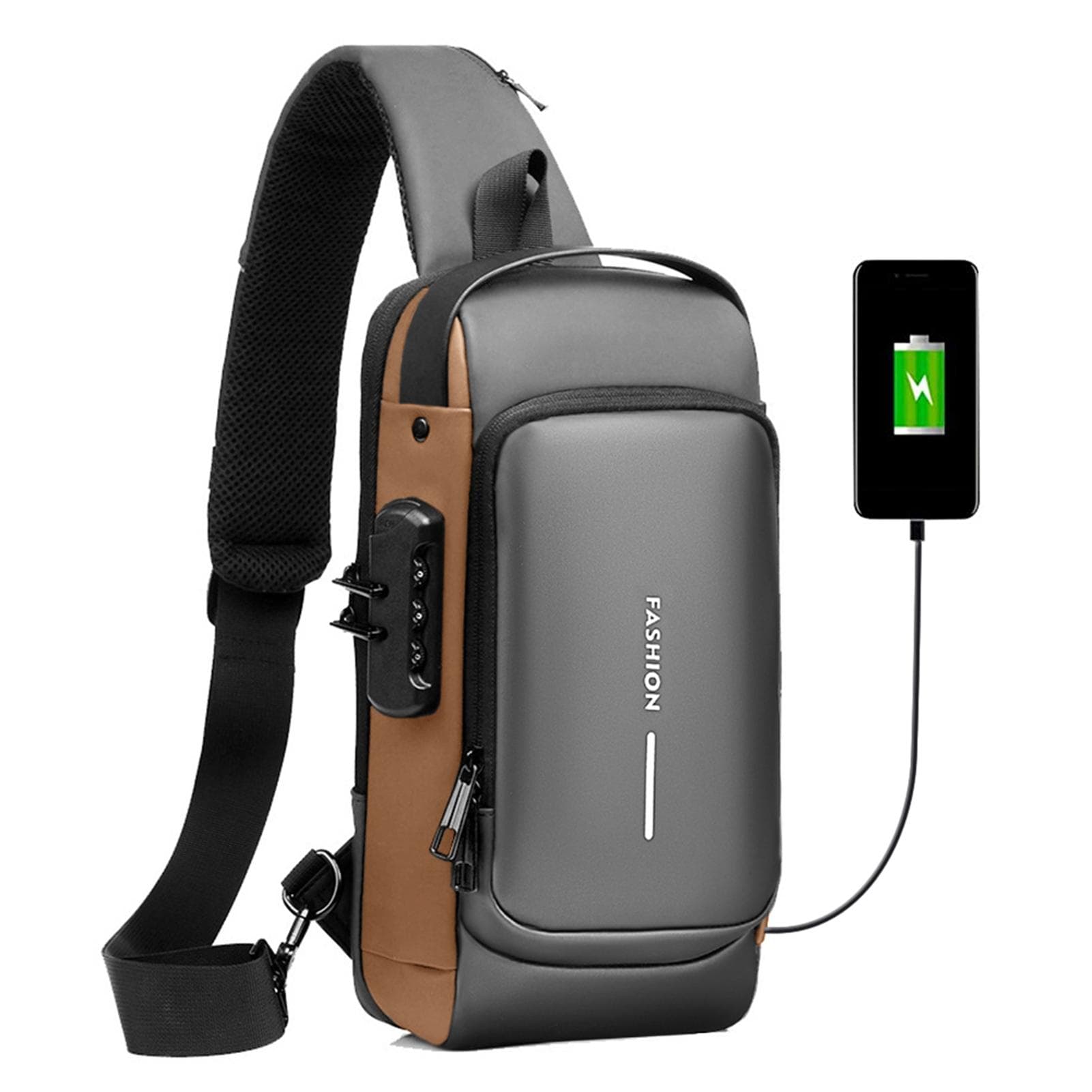 Men Sling Bag Pack with Lock Waterproof Antitheft Chest Bag with USB Charging Port Shoulder Bag grey/brown