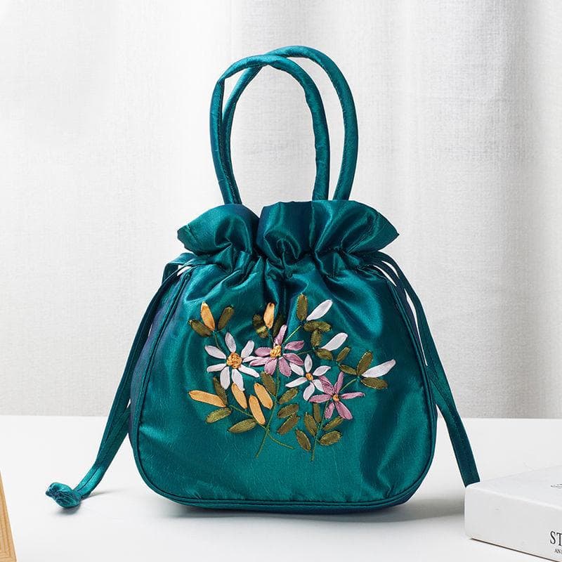 Yogodlns, Retro, Embroidery, Drawstrings, Handbags, Storage Bags, Women, Purse, Wallets, Card Holder, Bucket, Shoulder Bag, Wrist Bags 19x6x19cm dark green