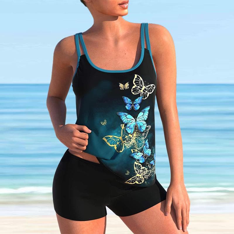 Women's Shoulder Strap Swimsuit Multicolored Pattern Print Bikini Tankini Swimsuit 4XL navy blue