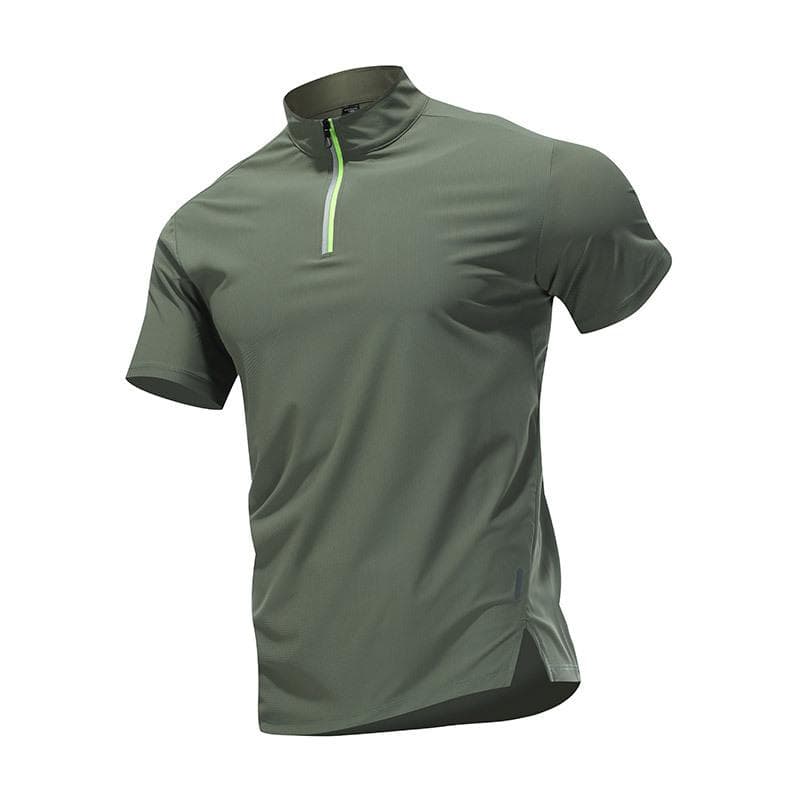 Zipper T-shirt Men's Short Sleeved Ice Silk Quick Drying Clothes Running Fitness Stretch Breathable Casual Sports Stand Up Collar T-shirt M army green