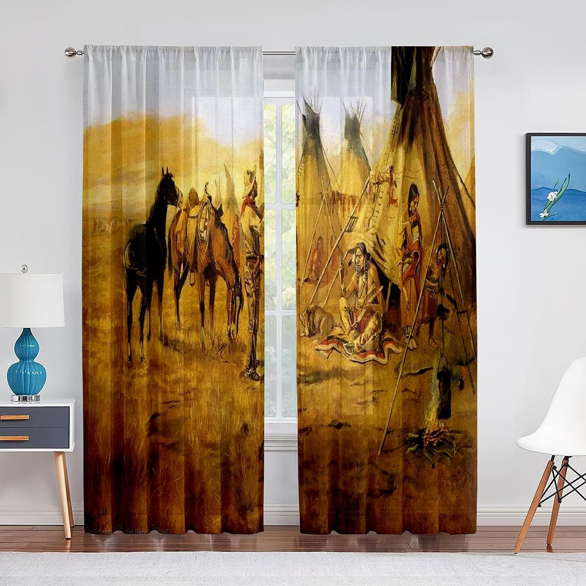 Western Cowboy Cowboy Riding Horse Sheer Voile Curtains for Living Room Bedroom Kitchen Window Chiffon Tulle Curtain Decoration 1 PCS W100XH250cm&Grommet Top