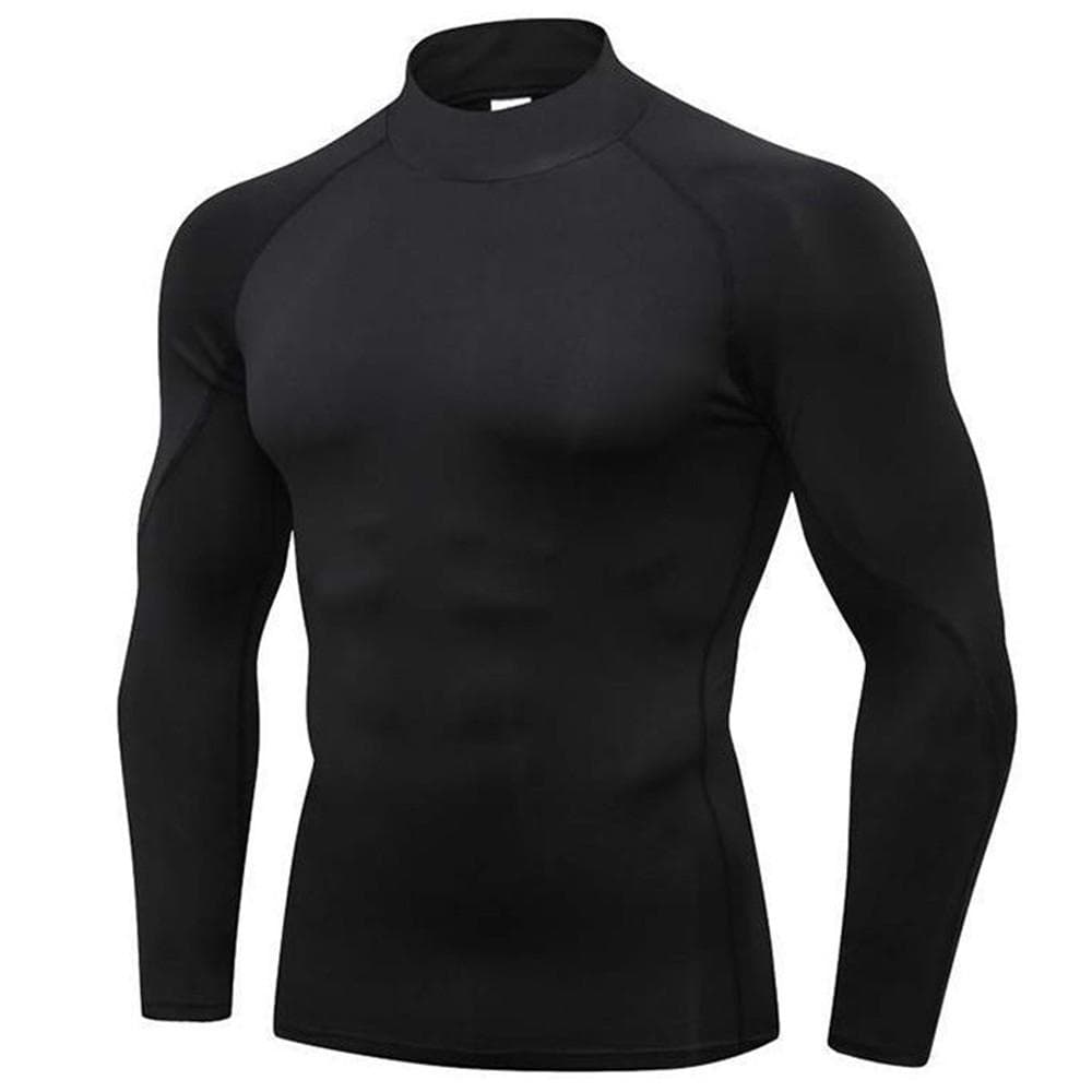 Men's High-necked Sports Long Sleeves T-shirts Skinny Fitness Clothes Yoga Training Running Quick-drying Cycling Tights Top S black