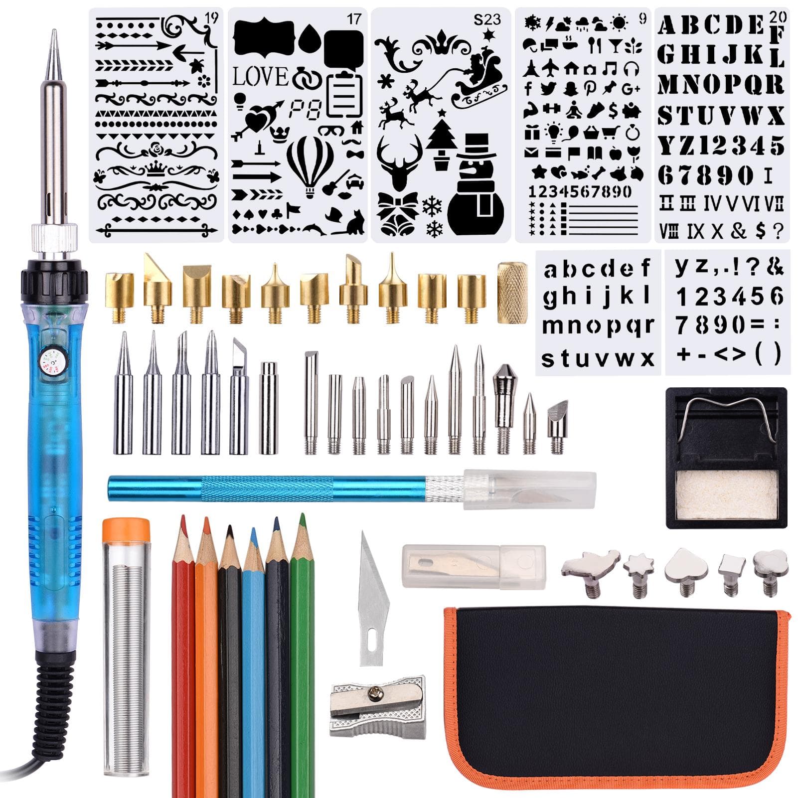 Wood Burning Tool Kit 55PCS Professional Pyrography Pen Soldering Iron Set Adjustable Temperature EU Plug multicolour