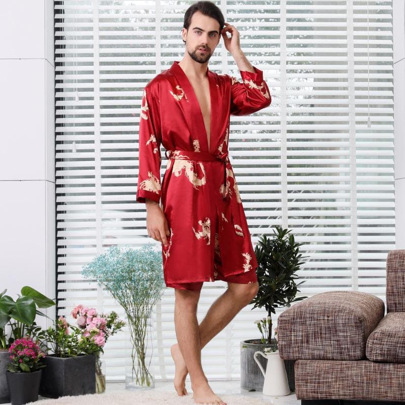 Imitation Silk Couple's Kimono and Bathrobe Set for Men M wine red
