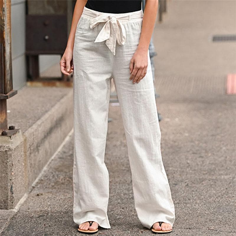 Women Solid Linen Pants Lace Up Elastic Waist Loose Wide Leg Trousers Summer Casual Long Pants Plus Size S-5XL L white