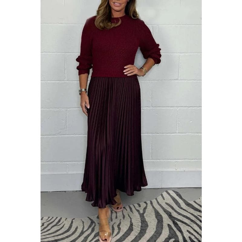 Women's Plus Size Autumn Solid Color Knitted Long Sleeve Patchwork Pleated Dress 3XL red