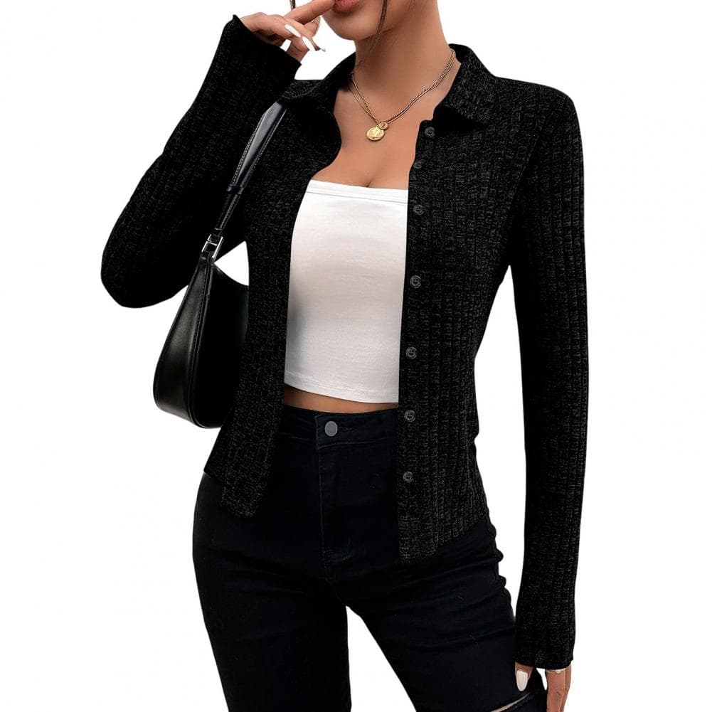 Women Knitting Cardigan Elegant Lapel Knitwear Coat for Women Stylish Slim Fit Cardigan with Long Sleeves Single Breasted for A S black