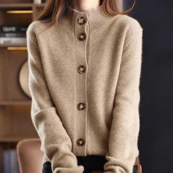 Women`s Knit Sweater Cardigan Autumn and Winter Vintage Fashion Stand Collar Button Cashmere Cardigan Jacket Casual Women`s Sweater L tan