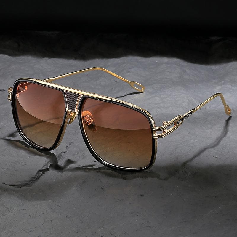 Vintage large frame sunglasses for men women double bar copper alloy dark lenses classic street fashion