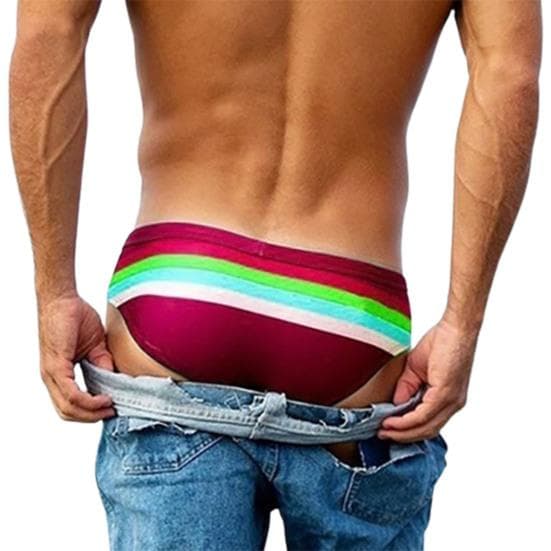 Slim Fit Quick Drying High Elasticity Swimming Trunks Low Rise Striped Print Men Swimming Briefs for Vacation M red