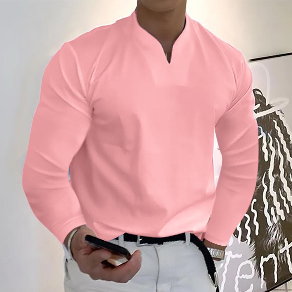 Order A Size Up,Men's Clothes Spring Autumn V-neck Loose Fit Long Sleeve T-shirts Solid Color Tops Casual Tees Shirts Mens Shirts S pink