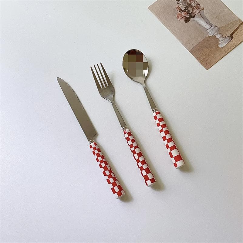 Ins Style Dessert Steak Stainless Steel Knife Fork Spoon Kitchen Dinnerware Checkerboard Lattice Glossy Ceramic Handle 3pcs/set red