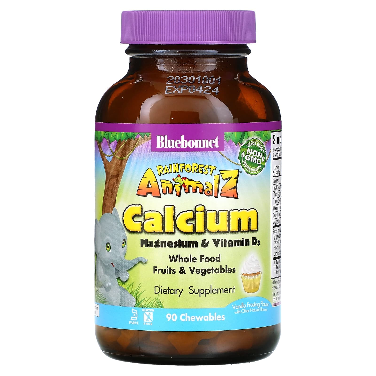 Bluebonnet Nutrition, Rainforest Animalz, Calcium, Magnesium and Vitamin D3, Natural Vanilla Frosting Flavor, 90 Chewables