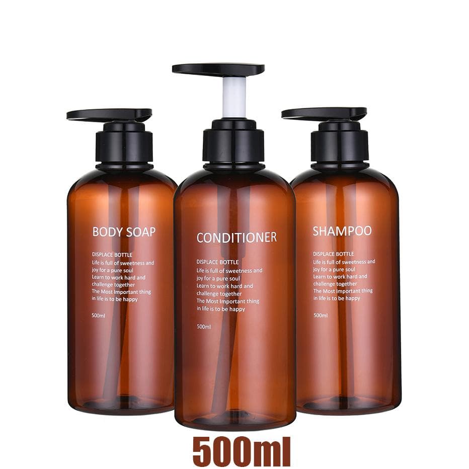 Refillable Shampoo Conditioner Body Wash Dispenser Set Printed Letters Bathroom Soap Bottle Dispenser Shower Pump Shampoo Dispen 500 ml brown