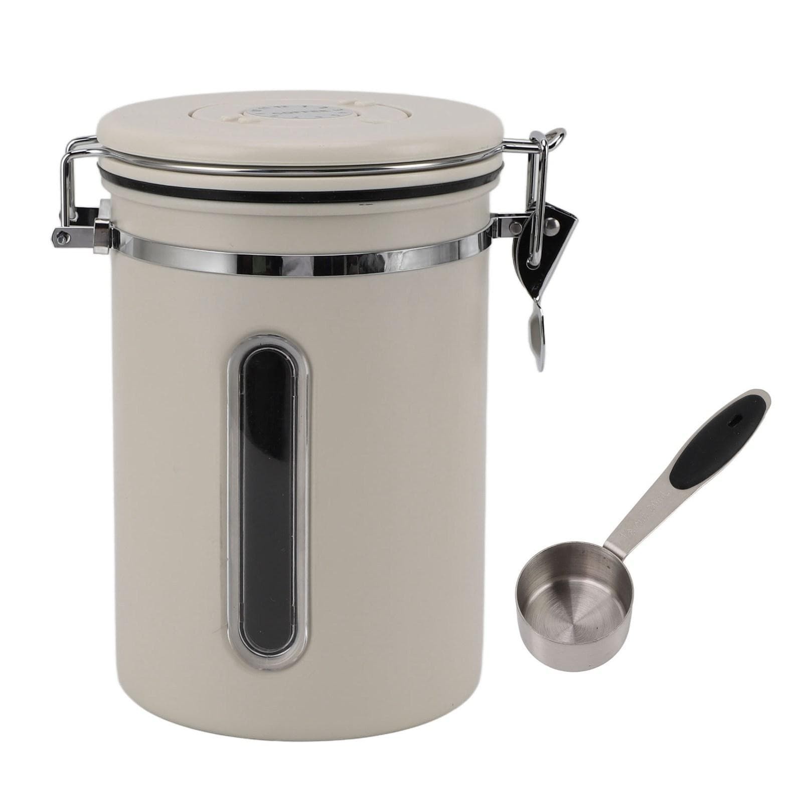 Coffee Canister 1800ml 304 Stainless Steel Window Design One Way Vent with Spoon Airtight Coffee Beige