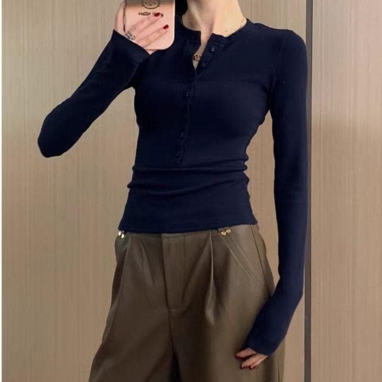 Pure Slim Fit Inner Long-sleeved T-shirt for Women's New Autumn and Spring New Design, Shoulder-oriented Sexy Button Base Shirt XL