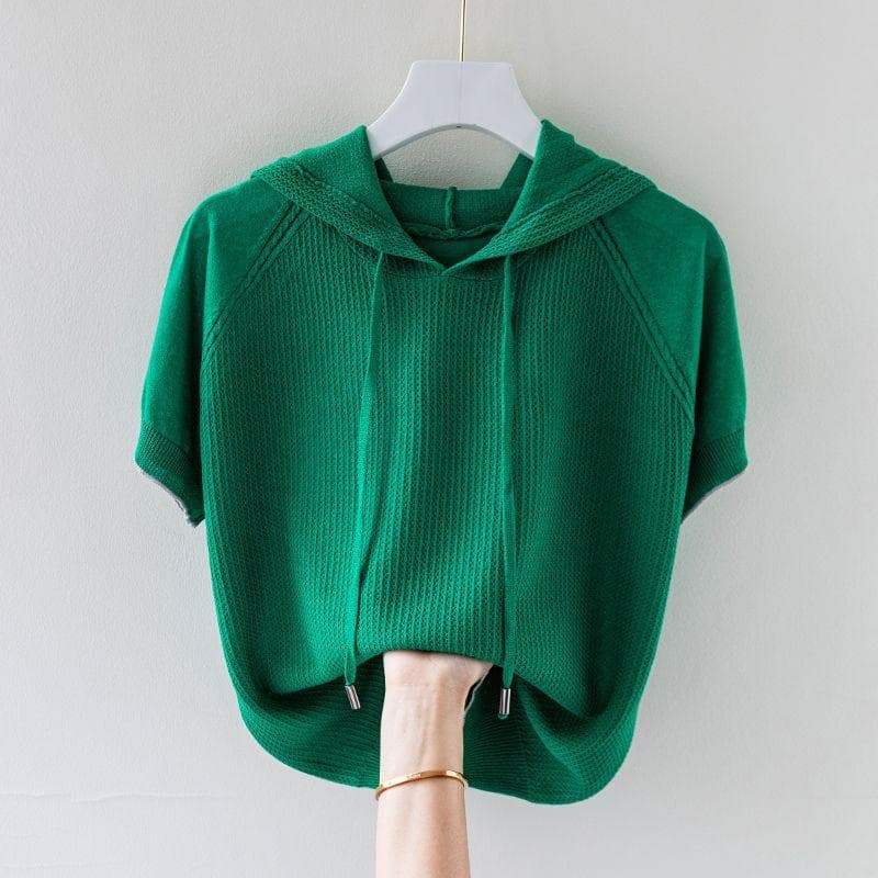 Summer Short Sleeved Ice Silk Hooded Sweatshirt for Women, Plus Size Thin Hoodie, Over Knit Sweater 5XL green