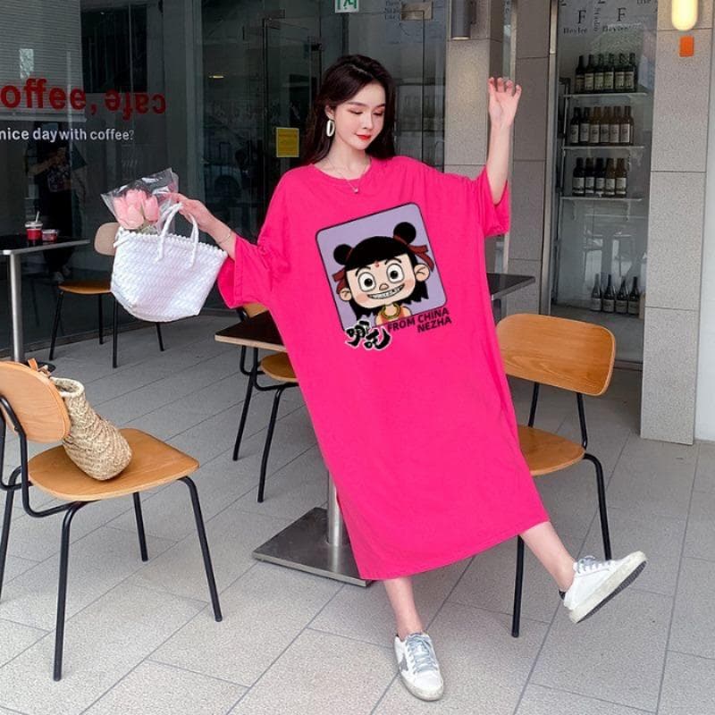 Cartoon Print Loose Plus Size Dress Women's Short Sleeve Long Over The Knee Dress 3XL rose red
