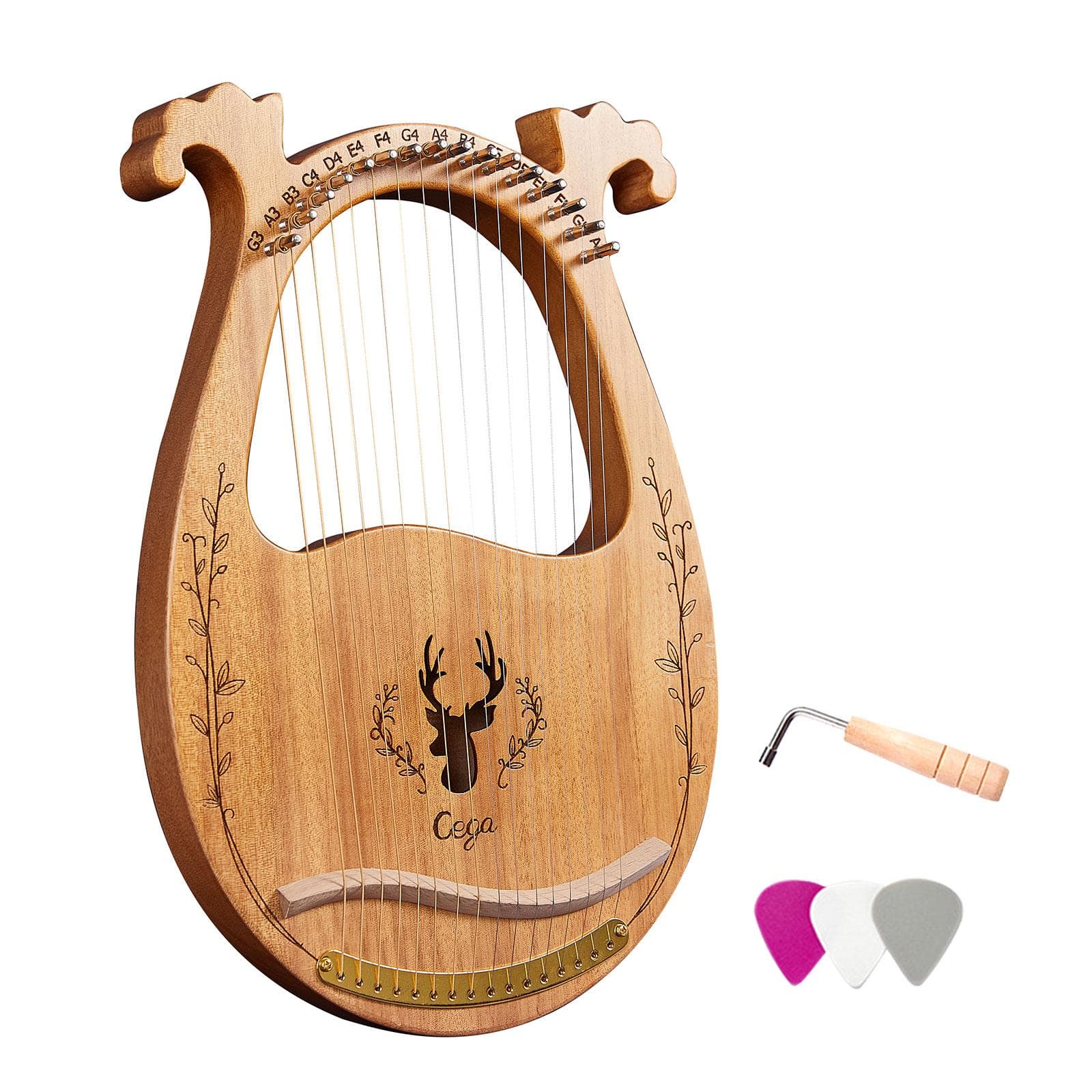 16-String Wooden Lyre Harp Resonance Box String Instrument with Tuning Wrench 3pcs Picks
