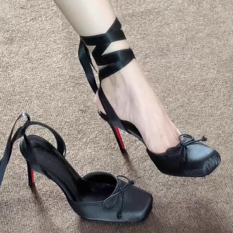Silk Satin Square-Toe Ankle Strap Ballet Heels with Red Sole 40