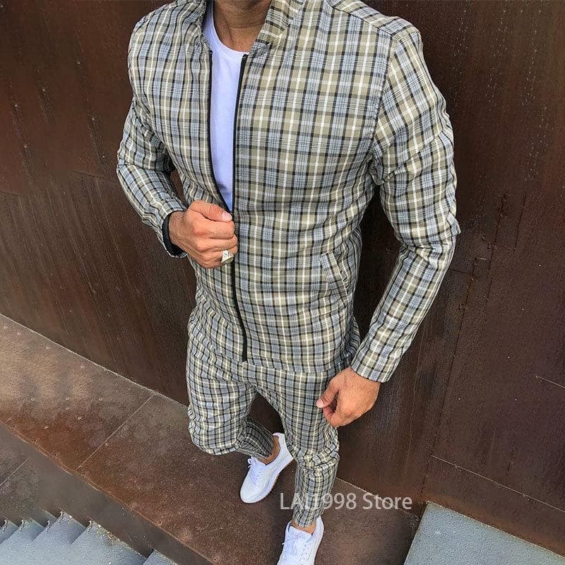 2024 Male Spring Autumn 3D Plaid Jacket Male Suit Casual Clothing Man Sets+Pants 2 Piece Sets Fashion Men's Tracksuit Sportswear XL