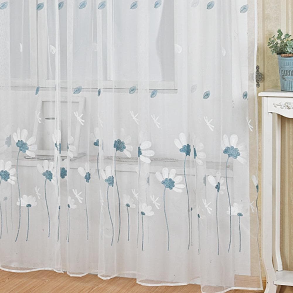 Daisy Window Drapes Transparent Tulle Curtain Flower Pattern Sheer Curtain  Home Decoration blue