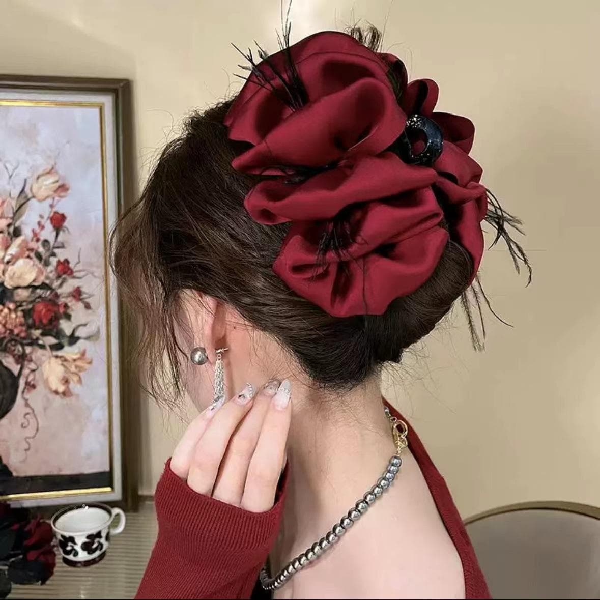 Large Size Hair Claw Clip Winter Velvet Multi-Layered Bow Hairpin Hair Crab For Women Black Wine Red Temperament Headwear red