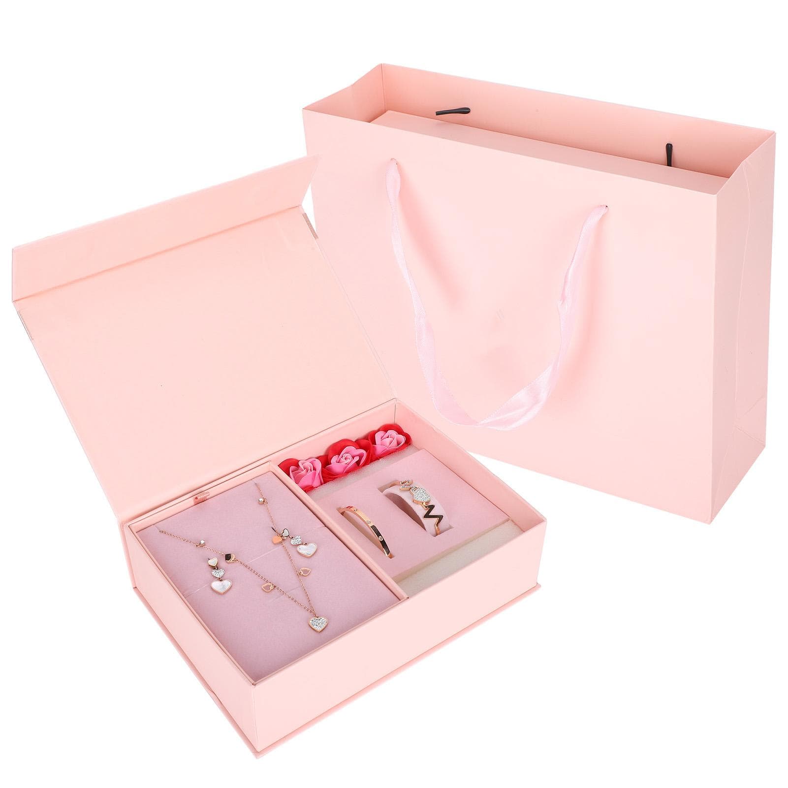 Women Jewelry Set Rhinestones Necklace HeartShaped Pendant Earrings Bracelet Gift