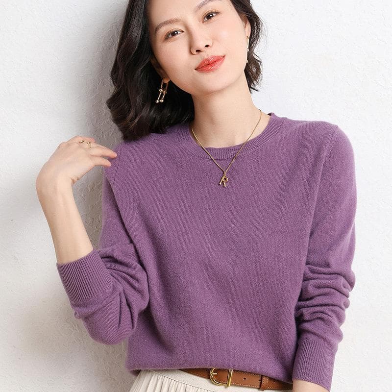 Spring and Autumn Women's Sweater Pullover Knit Sweater Round Neck Long Sleeve Sweater Bottom Shirt Solid Color Sweater XL purple