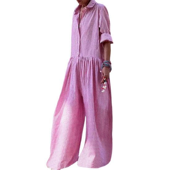 Women Jumpsuit Check Print Color Matching Long Sleeve Turn-down Collar Wide Leg Half Single-breasted Deep Crotch Casual Loose Long Jumpsuit 2XL pink