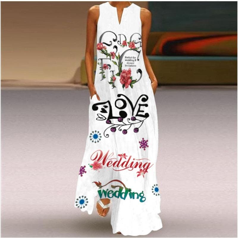 Summer Women's Dress Sleeveless Dress V-neck Print Dress L