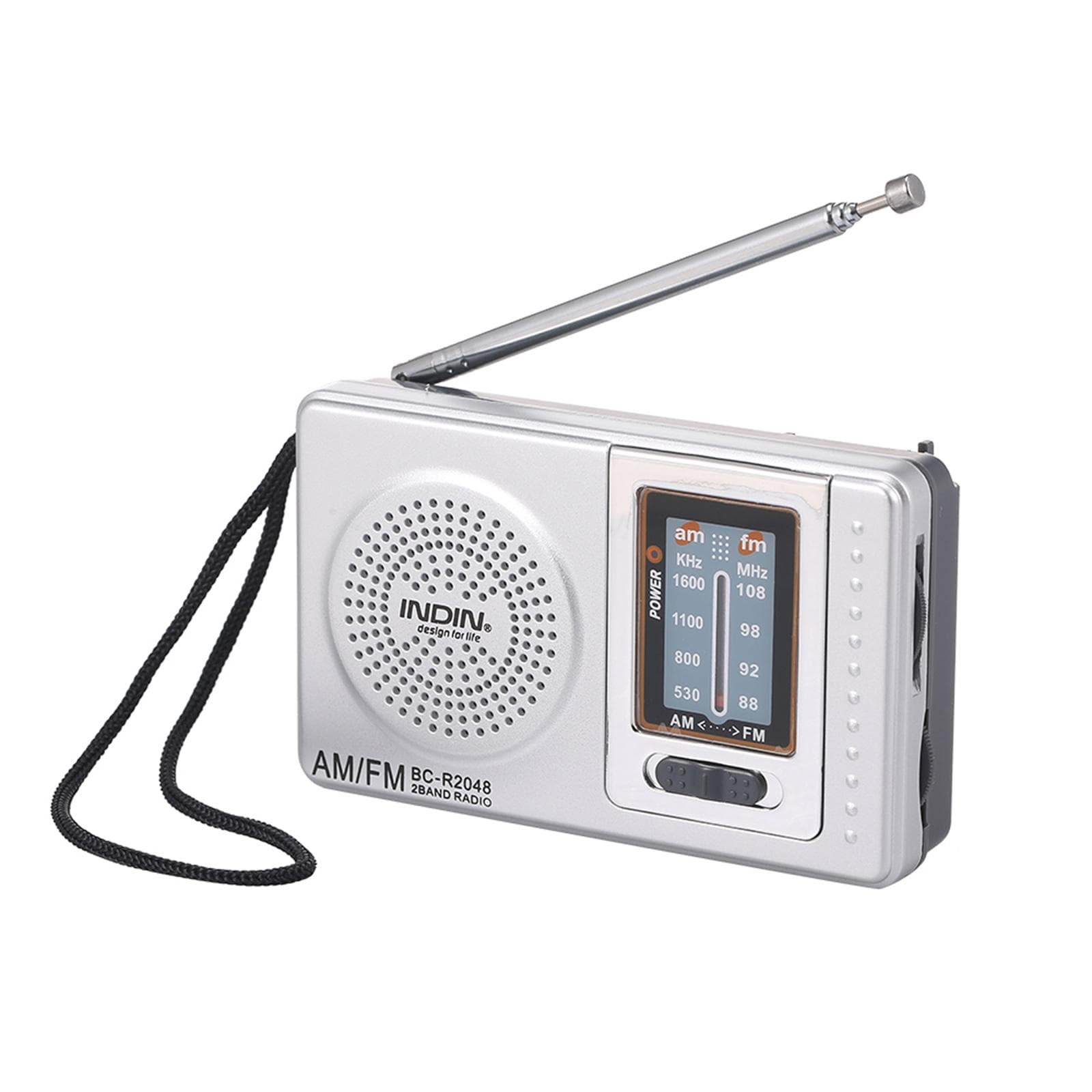 INDIN BC-R2048 Mini AM FM Radio 2 Band Radio Receiver Portable Pocket Radio Built-in Speaker w/ silver