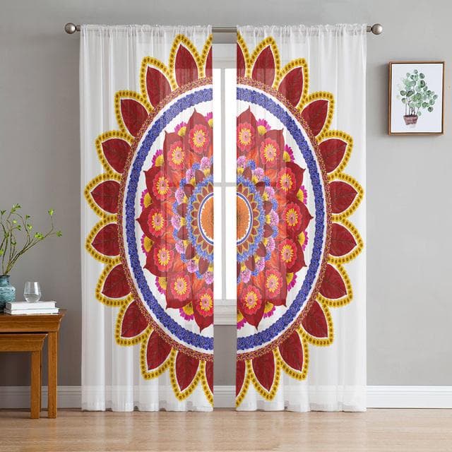 Boho Mandala Datura Buddhism Ethnic Sheer Voile Curtains For Kitchen Living Room Bedroom Decor Tulle Curtains Window Treatment 1 PCS W600XH250cm