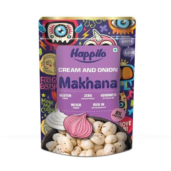 Happilo Premium Super Snack Makhana Cream & Onion 60g, Roasted Foxnut Healthy Snack Low Calorie Gluten Free and Vegan